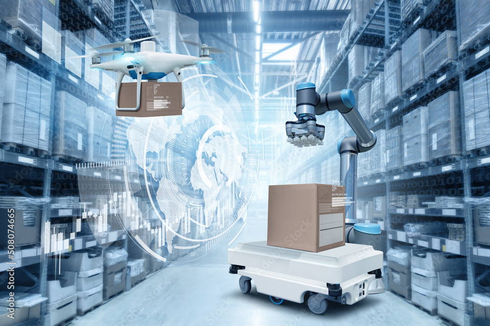 Aufkleber Concept of unmanned automated warehouse with robots and drones. Industry 4.0