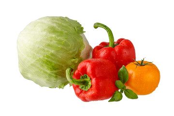 Fresh whole iceberg salad, red paprika and yellow tomato with water drops, basil leaves isolated on white background.