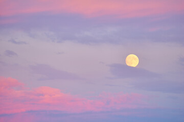 Full moon rising during spring evening with blue sky.