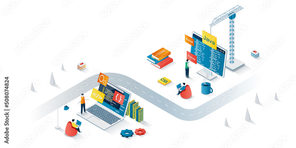 Aufkleber Programming company concept 3d isometric web banner. People developers create software and programs, coding and testing, optimize product. Vector illustration for landing page and web template design