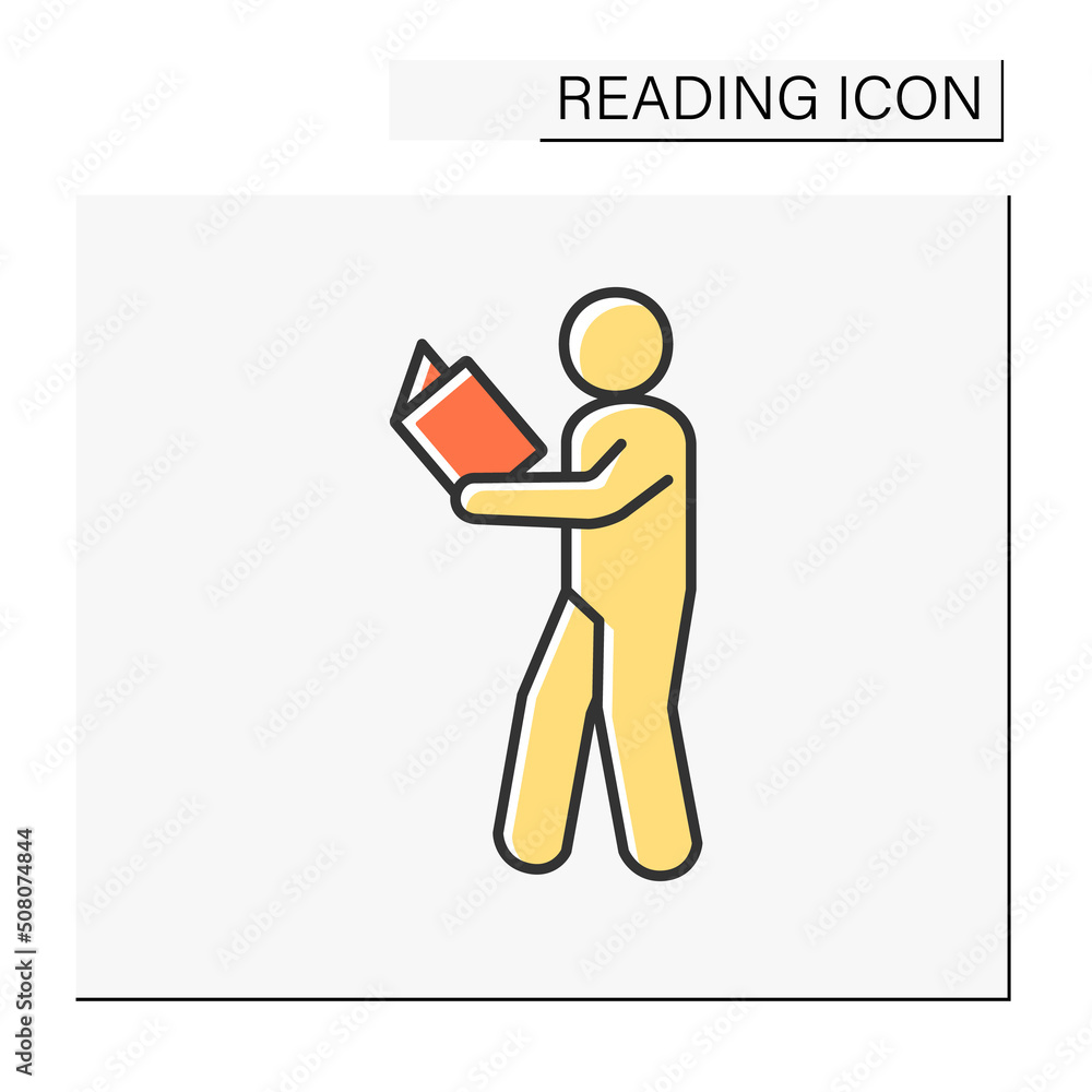 Poster reader color icon. man walking in the room and reading an interesting book. process of acquiring ski