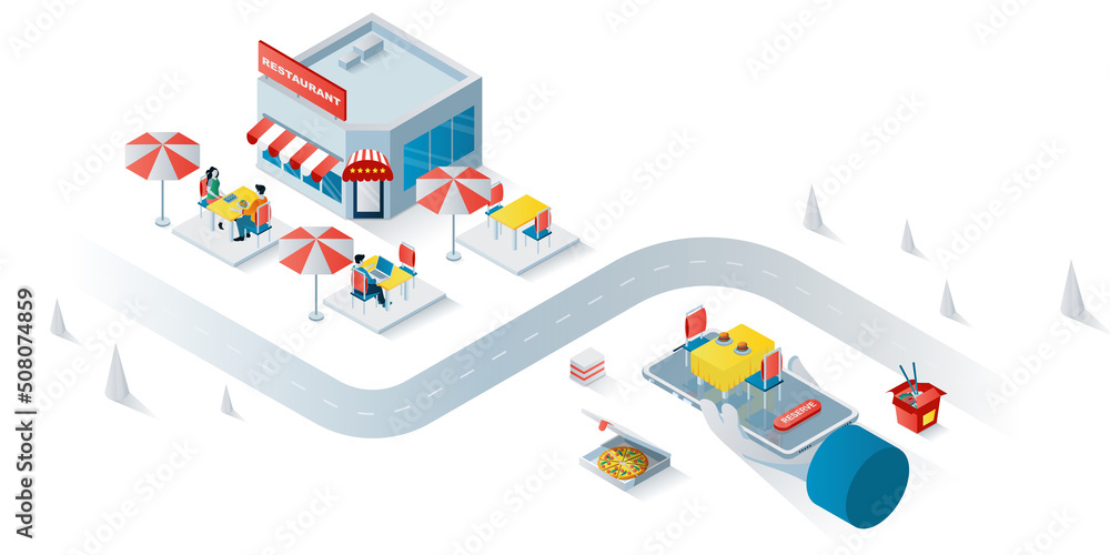 Poster restaurant concept 3d isometric web banner. people visit street cafe, sitting and dining at cafeteri