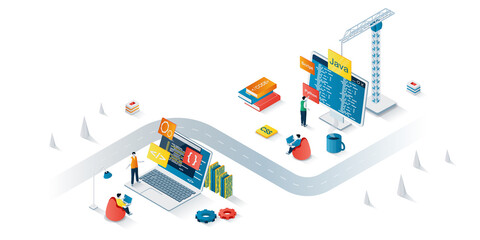 Programming company concept 3d isometric web banner. People developers create software and programs, coding and testing, optimize product. Vector illustration for landing page and web template design