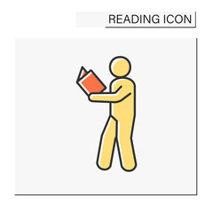 Reader color icon. Man walking in the room and reading an interesting book. Process of acquiring skills and knowledges.Reading concept. Isolated vector illustration
