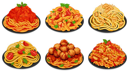 Italian pasta noodles set menu. Italian noodles food recipes collection. Vegan pasta spaghetti noodles menu close up illustration vector. (Mushroom, Penne, meatballs and Fusilli pasta) 