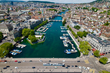 Aerial view of City of Zürich with old town, Quay Bridge and River Limmat on a sunny spring day. Photo taken May 30th, 2022, Zurich, Switzerland.