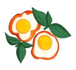 Watercolor illustration of egg in bell pepper and greens healthy breakfast