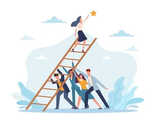 Support of friends and colleagues in achieving goal, realizing dreams. People hold ladder, woman takes out star, solving problems together, vector cartoon flat teamwork concept