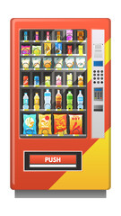 Vending machine with beverages and snack. Automatic food, sale of drinks, square appliance with panel and buttons, retail equipment realistic isolated element, vector illustration
