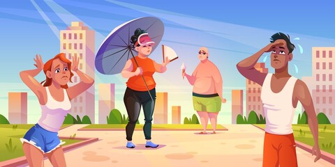 Weather heat outdoor. People in city park suffer from high temperatures, sweating person, hot sunny summer, shadow cooling, sun and heat stroke, male and female characters, vector concept
