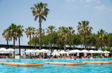 Water mattress for aqua gym in swimming pool, summer holiday and travel concept