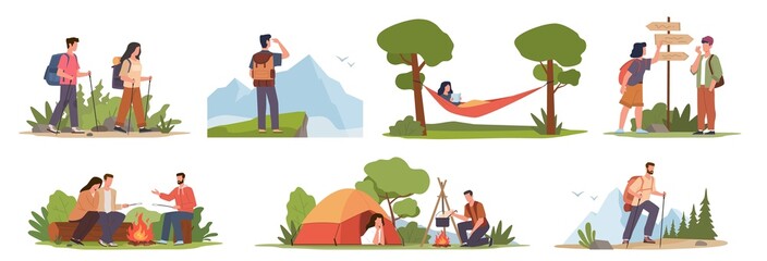 Cartoon hiking characters. Male and female tourists expedition, travelling on nature, people sitting by fire, resting in tent, explorers adventure, healthy lifestyle vector active hobby set - obrazy, fototapety, plakaty