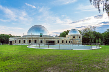 Silesian planetarium after renovation. The dome of the Silesian planetarium shining in the light of...