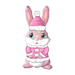 Cute cartoon rabbit in a hat and fur coat, scarf. Winter 2023, Christmas and New Year