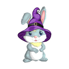 Cute Bunny in witch hat with pumpkin, broom, potion. Happy Halloween festival concept. Year 2023 hare mascot character