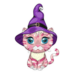 Cartoon cat in purple witch hat with broom, pumpkin, potion. Halloween character, poster. symbol of 2023