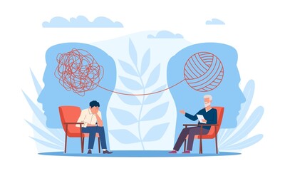 Psychotherapy. Man patient talks about his emotional problems to therapist, tangled lines above, depression treatment, psychological help, mental health vector cartoon flat style concept