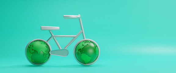 Concept of world bicycle day and car free day, healthy lifestyle, cycling and sports activity in nature, green bicycle and world. Environment preserve, background geometric shape, 3d rendering