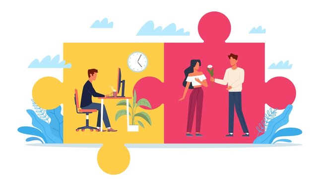 Work and personal life. Money and love choice, career or family dilemma, man in office and on date, priority in life, professional growth, two puzzle pieces, vector cartoon flat concept