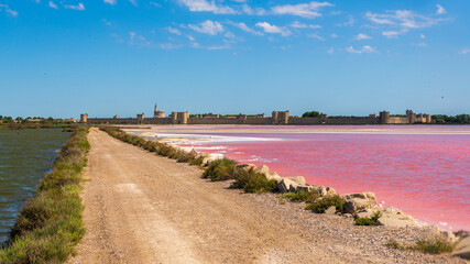 Sel en formation dans un marais salant rose du  salin d'Aigues mortes avec la ville royale...