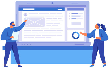 Business site, search engine optimization, visitors, increase efficiency of website concept. People work with customer profile. Employees working with social media using laptop in consulting service