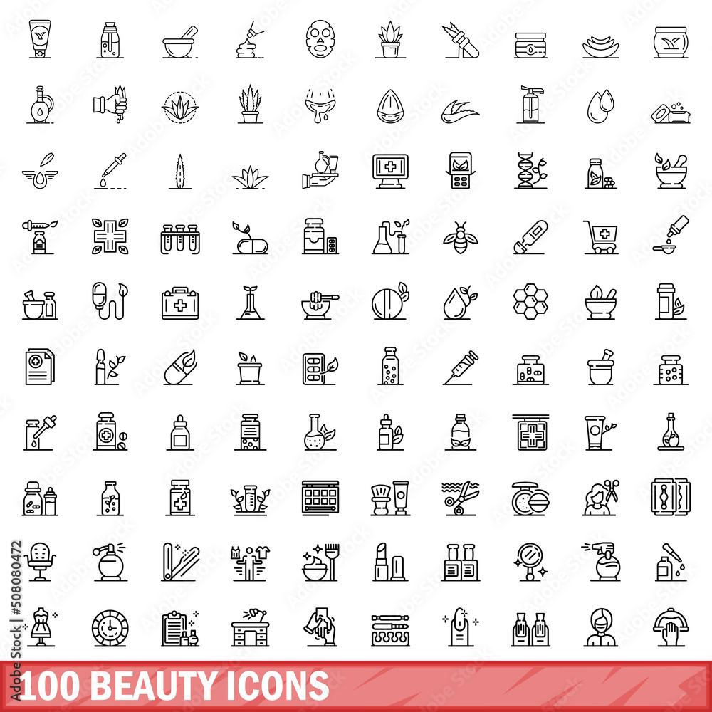 Wall mural 100 beauty icons set. Outline illustration of 100 beauty icons vector set isolated on white background - Wall murals