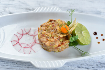 shrimp and salmon tartare with avocado