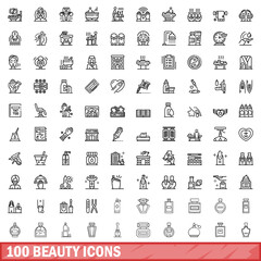 100 beauty icons set. Outline illustration of 100 beauty icons vector set isolated on white background