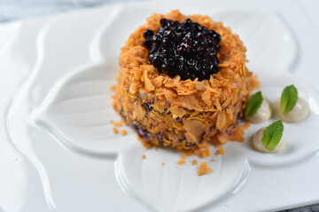 honey cake with blueberry jam, dessert and berry jam