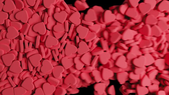 Hearts fall down and fill screen area. Vertical video. Social media concept. 3d render