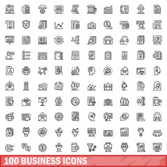 100 business icons set. Outline illustration of 100 business icons vector set isolated on white background - obrazy, fototapety, plakaty
