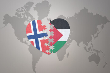 puzzle heart with the national flag of norway and palestine on a world map background. Concept.