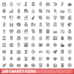 100 charity icons set. Outline illustration of 100 charity icons vector set isolated on white background