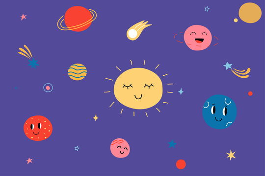 Cute planets set. Celestial objects with funny smiling faces, sun stars and comets, childish outer space background. Colorful astronomical objects at night sky, vector cartoon isolated set