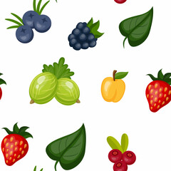 Berry pattern. Cartoon print with juicy fruits of plants and leaves. Organic background for healthy dessert and smoothie. Vintage sweet jam label. Vector natural food seamless texture
