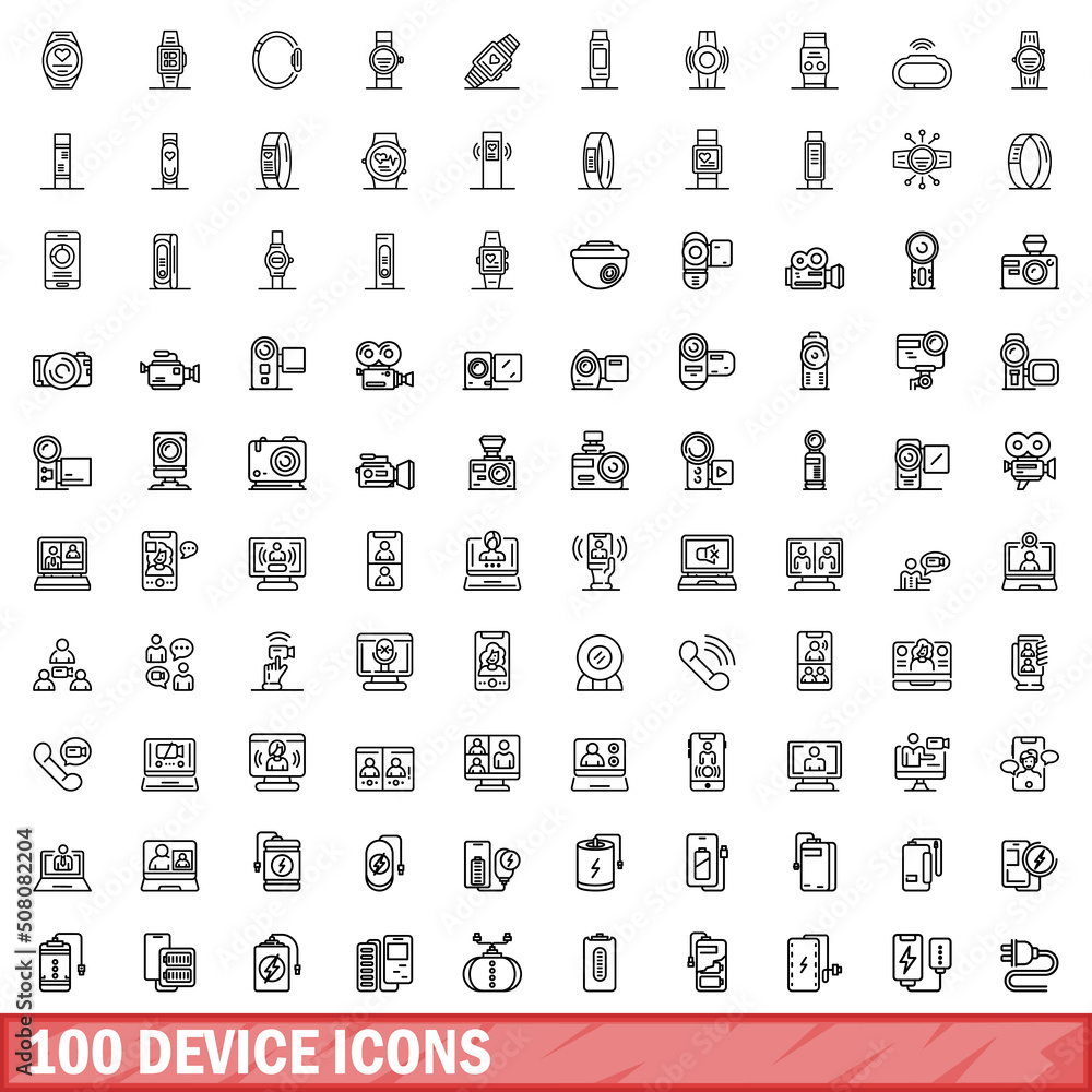 Poster 100 device icons set. outline illustration of 100 device icons vector set isolated on white backgrou