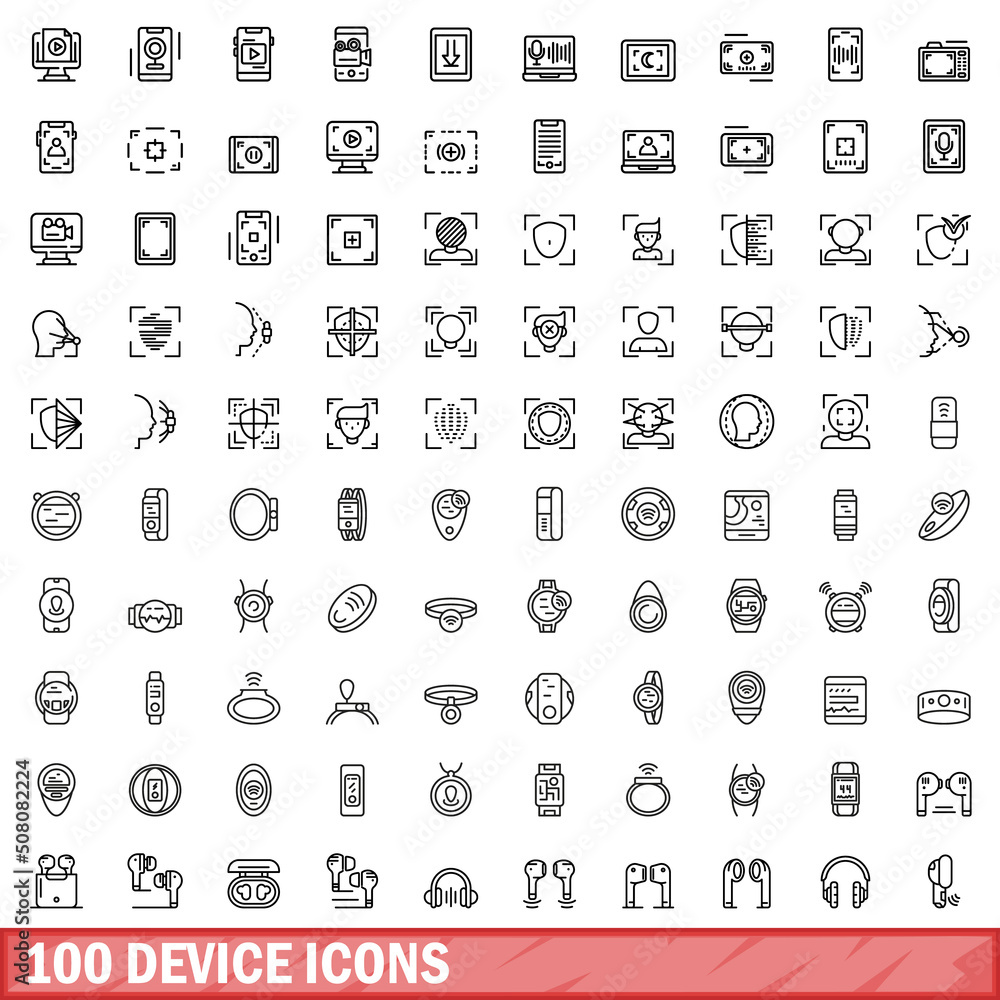 Poster 100 device icons set. outline illustration of 100 device icons vector set isolated on white backgrou