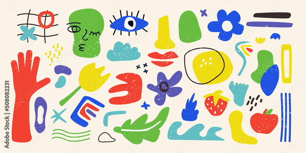 Poster abstract doodle shapes. scribble flowers and blobs, creative hand drawn forms, funny face and hand. 