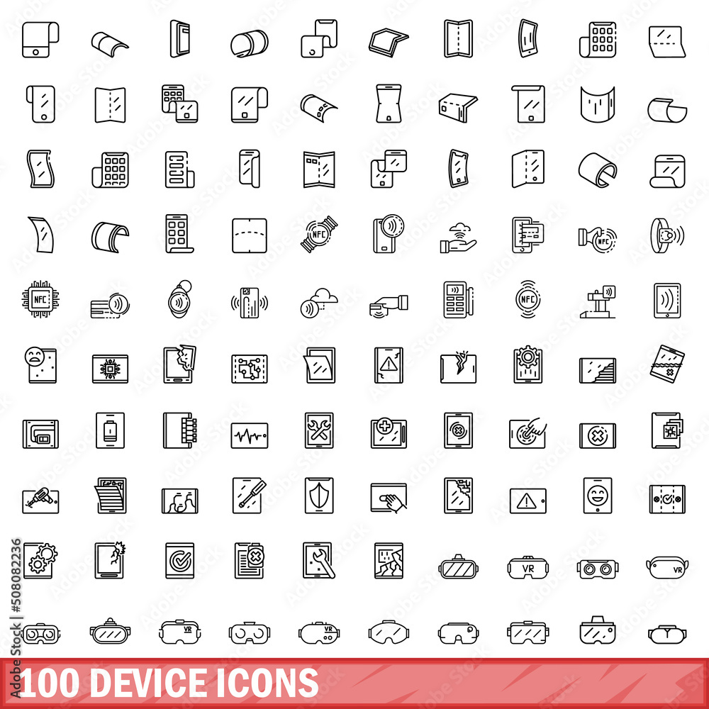 Poster 100 device icons set. outline illustration of 100 device icons vector set isolated on white backgrou