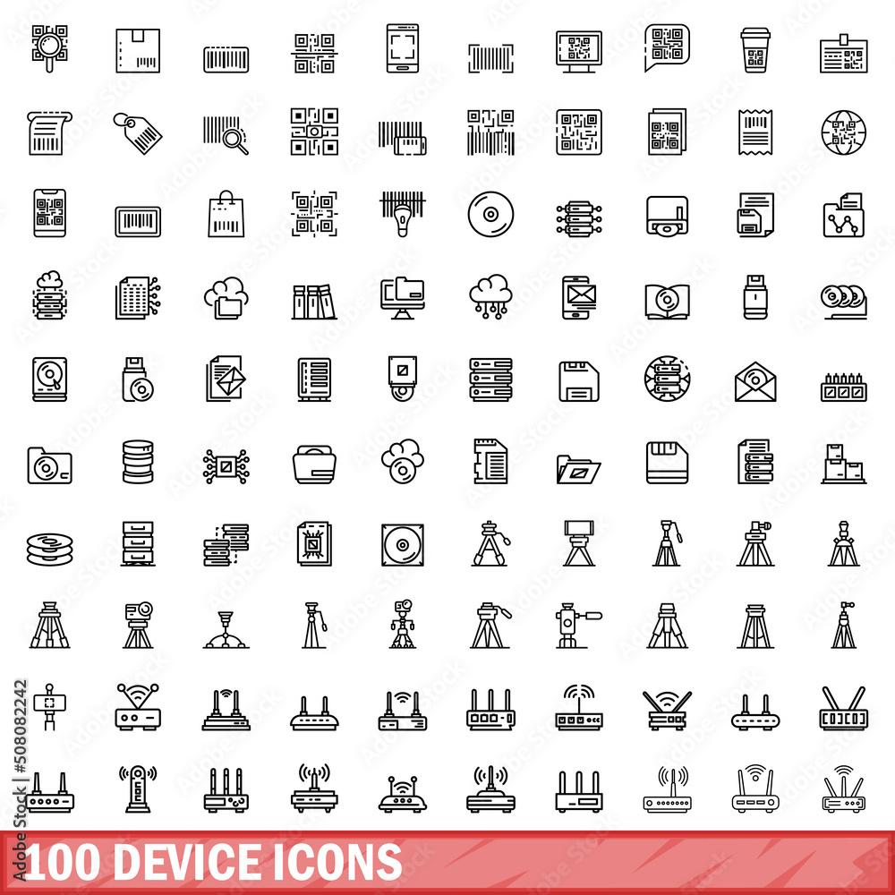 Poster 100 device icons set. outline illustration of 100 device icons vector set isolated on white backgrou
