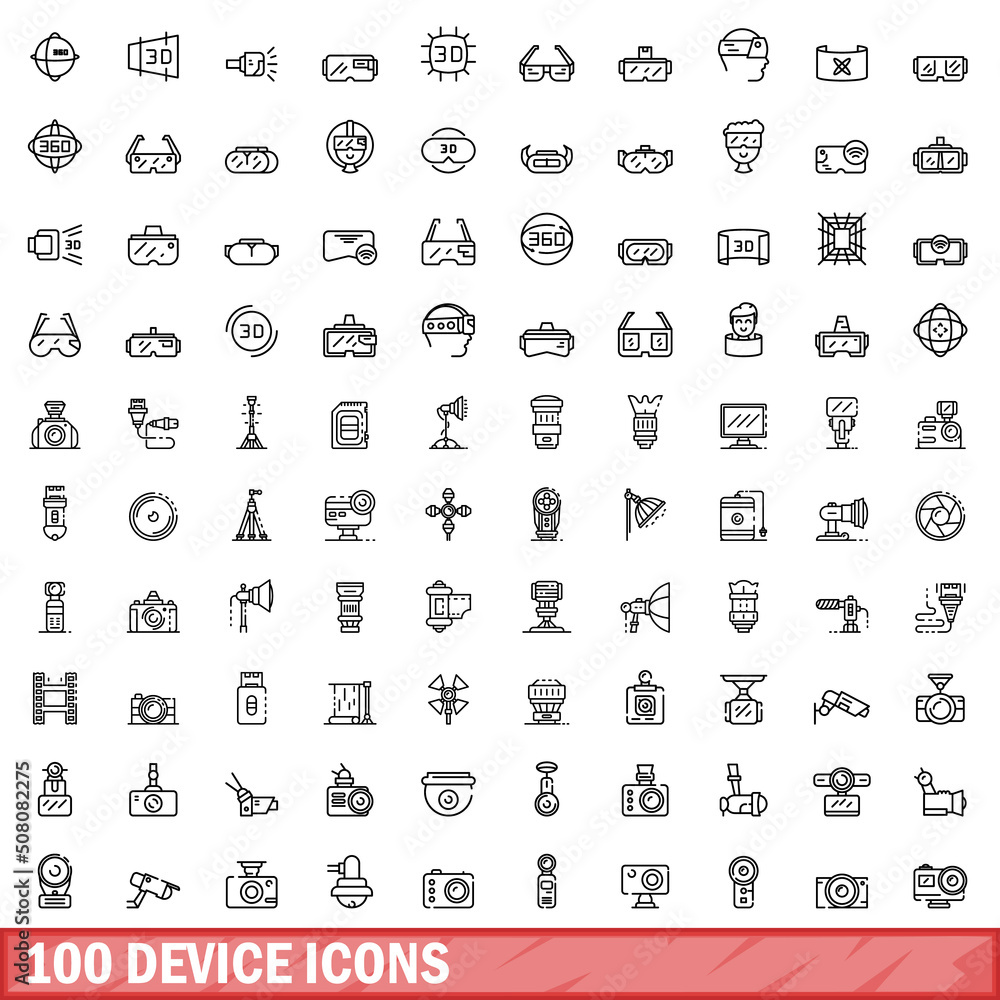 Poster 100 device icons set. outline illustration of 100 device icons vector set isolated on white backgrou