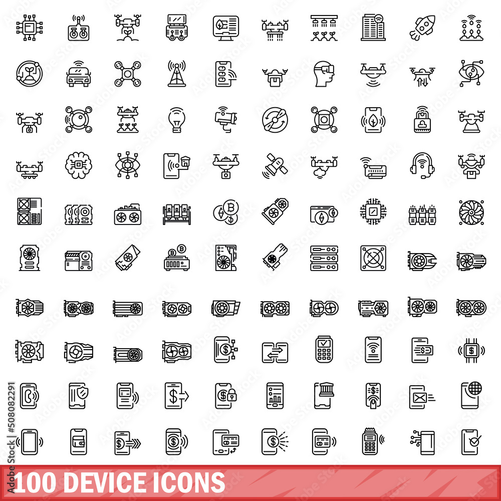 Poster 100 device icons set. Outline illustration of 100 device icons vector set isolated on white background - Posters