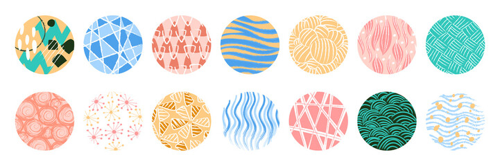 Abstract circles. Old discs with texture of hand drawn doodles. Line ornaments. Scrapbook patterned shapes. Paint brush strokes. Social media icons collection. Vector round figures set