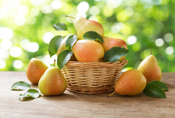 fresh ripe pears in a basket