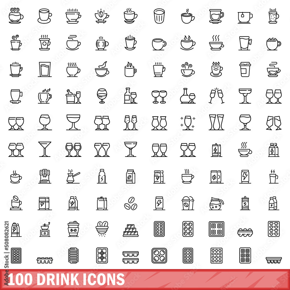 Wall mural 100 drink icons set. Outline illustration of 100 drink icons vector set isolated on white background - Wall murals