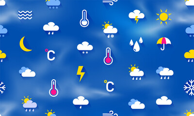 Obraz premium Weather pattern. Summer or winter, spring and autumn background with sun, sunshine, clouds with rain and snow, lightning and wind icons, doodle texture. Vector seamless print design