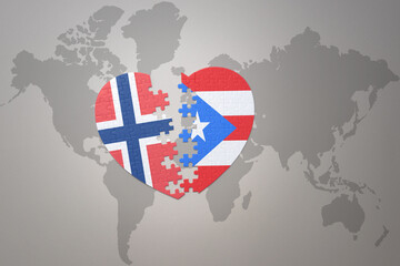 puzzle heart with the national flag of norway and puerto rico on a world map background. Concept.