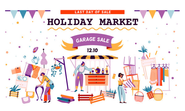 Holiday Market. Bazaar Sale Retro Banner With Old Furniture. Second Hand Store. Selling Clothes And Antique Accessories. Weekend Shopping Fair. Vector Garage Discount Trading Frame Poster