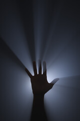 Raised hand. Source of bright light behind the hand