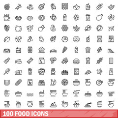 Fototapeta na wymiar 100 food icons set. Outline illustration of 100 food icons vector set isolated on white background